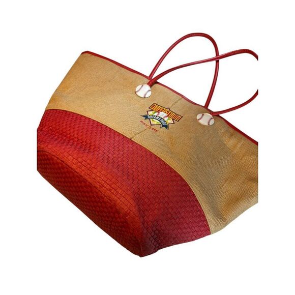 Cooperstown Dreams Park Baseball Themed Tote Bag With Red & Beige Straw Design - Picture 5 of 9